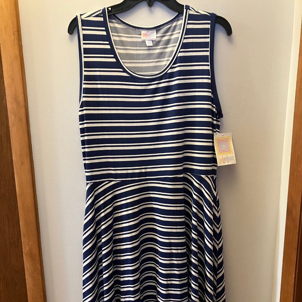 NWT LulaRoe Nicki Sleeveless Dress, Size XL, Navy/White Stripes